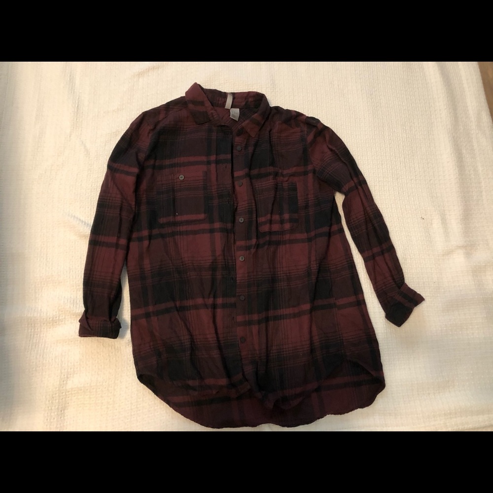 Divided maroon and black flannel blouse